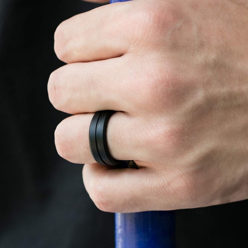 ROQ Silicone Rubber Wedding Ring for Men, Men's Wedding Band, Breathable Rubber Engagement Band, 8mm Wide 2mm Thick, Engraved Middle Line, 4 Pack, Grey, Black Blue Camo, Black, Platinum, Size 8 - Image 4